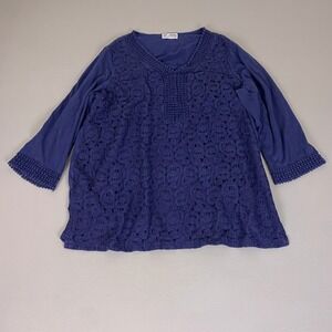 JM Collection Top Women's 1X Navy Blue Crochet Lace Overlay V-Neck 3/4 Sleeve